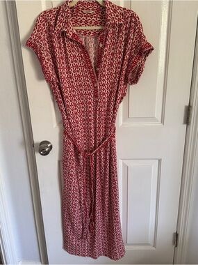 Max Studio Red and White Printed Midi Shirt Dress